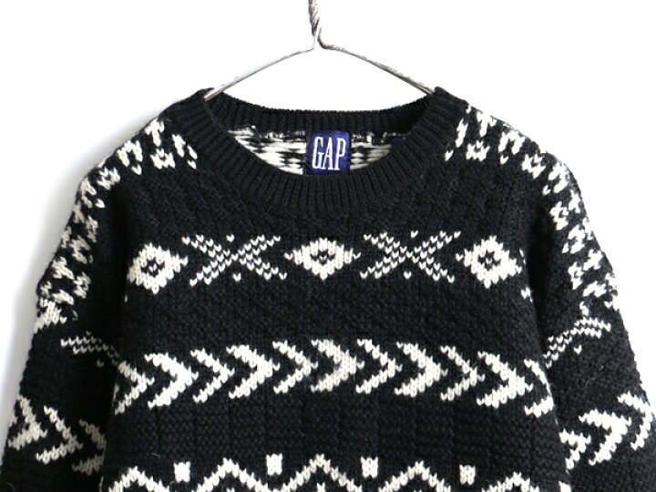 総柄 ウール セーター Usa古着 90s 長袖 ニット ホワイト 黒 メンズ 卸売り