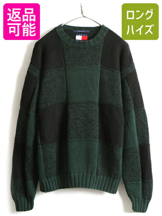 楽天市場 アフターセール 48時間限定 最大半額 90s オールド トミーヒルフィガー 2トーン パネル 切替 長袖 コットン ニット セーター メンズ M 古着 90年代 Tommy Hilfiger 黒 緑 中古 トミー クルーネック ニットセーター 長袖ニット 長袖 セーター