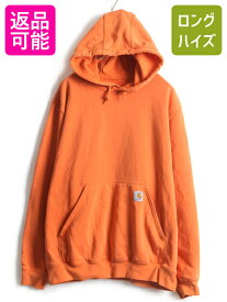 【5/24 マラソン 400円OFF&P5倍!】 ■ カーハート 袖 プリント スウェット フード パーカー ( メンズ L ) 古着 CARHARTT トレーナー スエット プルオーバー 裏起毛 オレンジ| 中古 ワーク スウェットパーカー プリントパーカー ロゴパーカー フードパーカー フーディ ビッグ