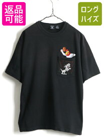 【4/25 24h限定 500円OFF&P8倍!!】 90s 人気 黒 ■ ワーナー キャラクター 刺繍 ポケット付き 半袖 Tシャツ ( メンズ レディース M ) 古着 90年代 ポケT ルーニー テューンズ| 中古 90's オールド オフィシャル アメキャラ アニメ 半袖Tシャツ ワーナーブラザーズ 胸ポケッ