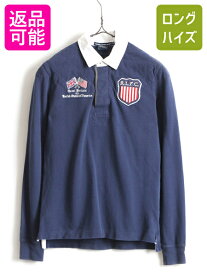 ■ ラルフローレン スポーツ 鹿の子 長袖 ポロシャツ ( レディース M ) 古着 ポロ POLO 長袖シャツ ラガーシャツ タイプ ラグビー 星条旗| 中古 RALPH LAUREN ラルフ 長袖ポロシャツ ラグビーシャツ ラガー カノコ キルティング 補強 RLFC USA ワッペン ネイビー 紺