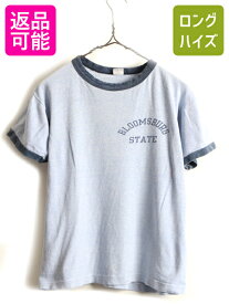 70s USA製 ビンテージ ■ チャンピオン 88 12 染込み プリント 半袖 リンガー Tシャツ ( M メンズ S 程) 古着 Champion 70年代 霜降り 杢青| 中古 70's アメリカ製 半袖Tシャツ プリントT プリントTシャツ リンガーTシャツ シングルステッチ ブルー 青 杢 2トーン バータグ