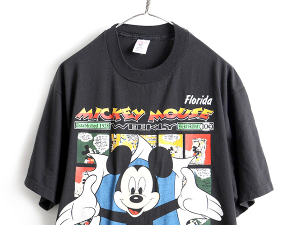 デッドストック 90s USA製 人気 黒 ■ ディズニー オフィシャル ミッキー マウス プリント 半袖 Tシャツ ( メンズ レディース XL )  未使用| 新品 新古品 NOS デッド 90年代 90's アメリカ製 オールド 大きいサイズ キャラクター ミッキーマウス 半袖Tシャツ