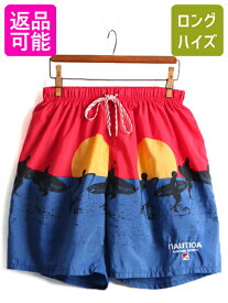 90s オールド ■ ノーティカ サーファー 総柄 ナイロン ショートパンツ ( メンズ M ) 古着 90年代 NAUTICA 短パン スイム ショーツ サーフ| 中古 90's 海パン 水着 スイムショーツ スイムパンツ サーフパンツ ボードショーツ ハーフパンツ トリコカラー トランクス アメカジ