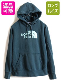 ■ ノースフェイス プリント スウェット フード パーカー ( レディース M ) 古着 The North Face トレーナー プルオーバー 裏起毛 緑 青| 中古 アウトドア ノース スエット フードパーカー ロゴパーカー ビッグロゴ プリントパーカー ブルーグリーン アメカジ US古着