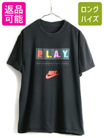 【28日29日 48h限定 ポイント5倍!!】 90s USA製 人気 黒 ■ NIKE ナイキ PLAY 多色 プリント 半袖 Tシャツ ( メンズ L 程) 古着 90年代 シングルステッチ スウォッシュ 銀タグ| 中古 初期 90's オールド アメリカ製 米国製 P.L.A.Y. ロゴTシャツ プリントTシャツ 黒Tシャツ