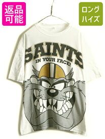 90s ■ ワーナー タズマニアンデビル NFL セインツ プリント 半袖 Tシャツ メンズ レディース L 程/ 古着 90年代 アメフト キャラクター 白| 中古 90's オールド 半袖Tシャツ キャラクターT プリントTシャツ シングルステッチ ビッグシルエット ビッグプリント ホワイト 白T