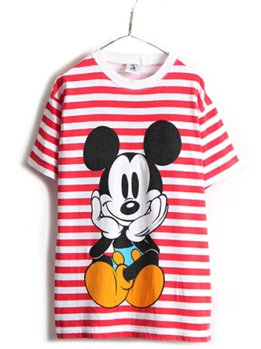 【6/18 10%OFFクーポン配布中!】 90s ディズニー オフィシャル ミッキー プリント 半袖 ボーダー Tシャツ メンズ L レディース XL程) 古着 90年代 DISNEY キャラクター| 中古 90 Disney ディズニー ミッキー Tシャツ ホワイト L