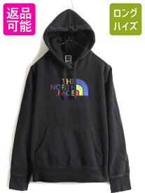 人気 黒 ■ ノースフェイス プリント スウェット フード パーカー ( レディース M ) 古着 The North Face トレーナー プルオーバー 裏起毛| 中古 アウトドア ノース スエット フードパーカー ロゴパーカー プリントパーカー スウェットパーカー フーディ ブラック アメカジ