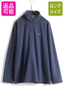 ノースフェイス TKA 100 長袖 フリース Tシャツ ( メンズ L ) 古着 The North Face ロンT ハイネック プルオーバー アウトドア 紺 ネイビー| 中古 ノース フリースTシャツ 長袖Tシャツ 薄手 インナー ハーフジップ ジップネック ロゴ刺繍 ワンポイント ミドルレイヤー