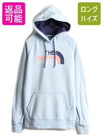 ■ ノースフェイス プリント スウェット フード パーカー ( レディース L ) The North Face プルオーバー 裏起毛 2トーン ライトブルー 紺| 古着 中古 アウトドア ノース スエット 水色 ネイビー トレーナー スウェットパーカー プリントパーカー ロゴ ロゴパーカー US古着