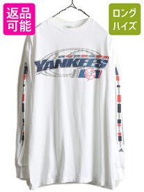 【4/25 24h限定 500円OFF&P8倍!!】 00s ■ アディダス MLB オフィシャル ヤンキース プリント 長袖 Tシャツ メンズ L オールド adidas YANKEES メジャーリーグ ロンT 大リーグ| 古着 中古 00年代 00's 白 ホワイト ニューヨーク NEWYORK 袖 プリントT プリントTシャツ 長袖T