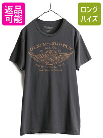 【4/26 マラソン 400円OFF&P5倍!】 ■ DENIM&SUPPLY ラルフローレン 5段 プリント 半袖 Tシャツ メンズ L 古着 ポロ デニム&サプライ POLO バイク ウイング 黒 濃灰 バイカー| 中古 RALPH LAUREN ラルフ ブラック チャコールグレー 半袖Tシャツ プリントTシャツ ビンテージ