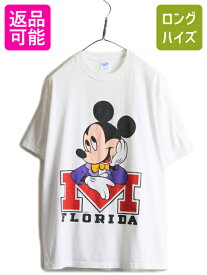 【4/24 マラソン 400円OFF&P5倍!】 90s USA製 ■ ディズニー オフィシャル ミッキー プリント 半袖 Tシャツ メンズ レディース L 古着 90年代 オールド キャラクター ホワイト| 中古 90's アメリカ製 米国製 白 ミッキーマウス DISNEY イラスト アート 半袖Tシャツ プリント