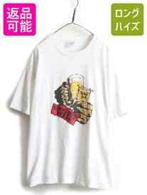 【4/20 24h限定 P4倍&10%OFF!】 90s ■ 企業 アート イラスト プリント 半袖 Tシャツ メンズ XL / 90年代 オールド ウイスキー ビール 当時物 企業物 シングルステッチ 白| 古着 中古 90's ヘインズ ヘビーウェイト ホワイト プリントTシャツ 白T 白Tシャツ アートTシャツ