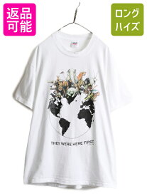 【4/25 24h限定 500円OFF&P8倍!!】 90s USA製 ★ アニマル アート イラスト メッセージ プリント Tシャツ メンズ XL / 古着 90年代 オールド 当時物 動物 シングルステッチ 白| 中古 アメリカ製 90's グラフィック 地球 プリントTシャツ アートTシャツ メッセージT 白T 半袖