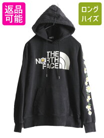 【6/6 スーパーSALE 最大半額&P5倍!】 ノースフェイス プリント スウェット フード パーカー レディース S / 古着 The North Face プルオーバー 裏起毛 アウトドア 袖プリント 黒| 中古 ノース ブラック 花柄 スエット フードパーカー スウェットパーカー ロゴパーカープリ