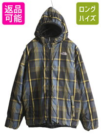 US企画 ノースフェイス リバーシブル ダウン パーカー ジャケット ボーイズ XL メンズ S / The North Face ナイロン チェック 550フィル 黒| 古着 中古 日本未発売 ノース ブラック アウトドア ダウンジャケット ナイロンジャケット ブルゾン ジャンパー フルジップ フード