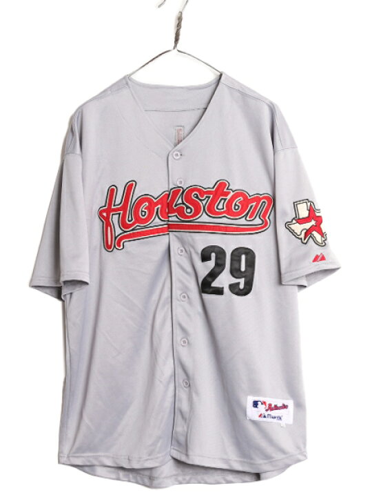 MLB オフィシャル Majestic アストロズ ベースボール シャツ メンズ XL 程 ユニフォーム メジャーリーグ ゲームシャツ 半袖シャツ 重ね着 古着 中古 マジェスティック ユニホーム ベースボールシャツ 野球 大リーグ ゲーム ジャージ グレー ヒューストン