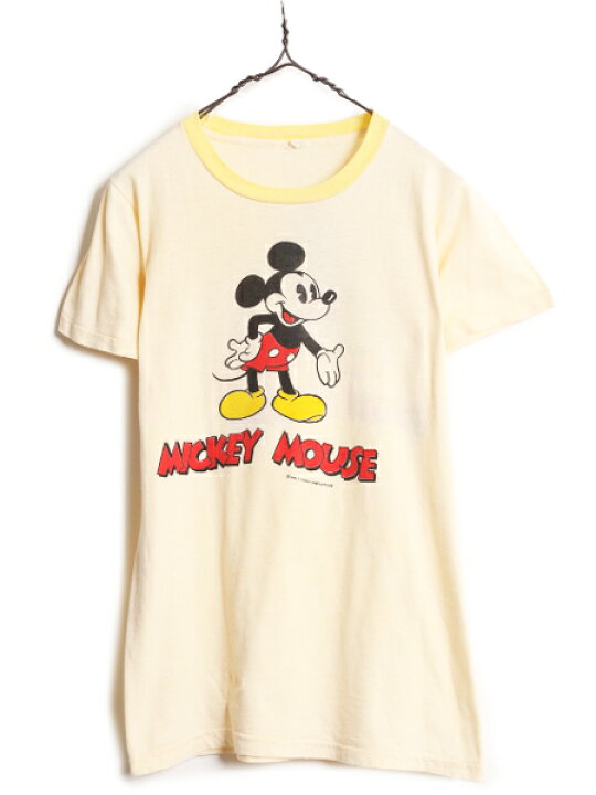 70s ディズニー オフィシャル ミッキー イラスト 染込み プリント リンガー Tシャツ レディース L 小さめ M 程 ヴィンテージ キャラクター 古着 中古 70年代 70 s ビンテージ ミッキーマウス シングルステッチ 半袖Tシャツ プリントTシャツ キャラ カットソー