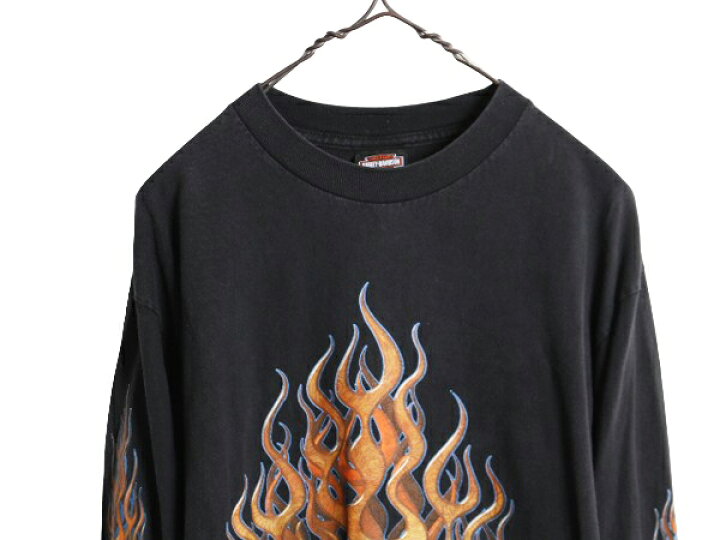 ハーレーダビットソン 90s スウェット 黒 ブラック 袖プリント 炎  