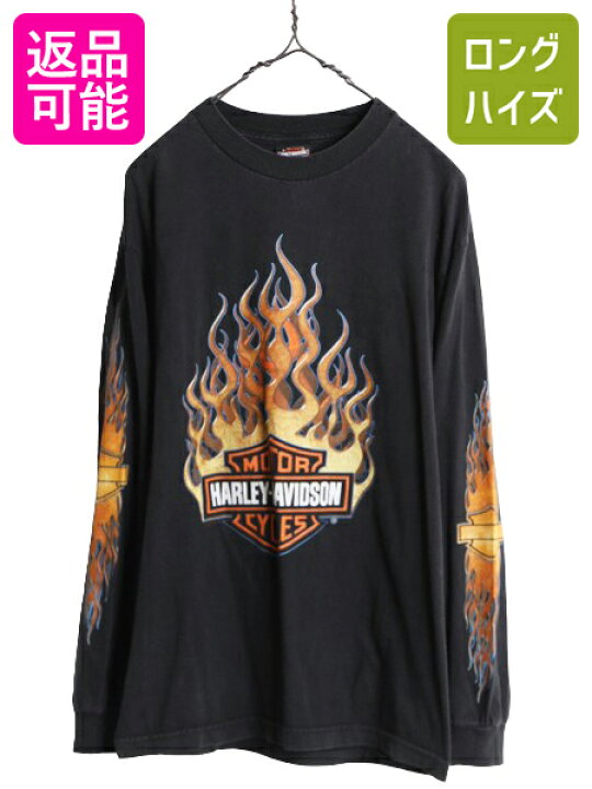 ハーレーダビットソン 90s スウェット 黒 ブラック 袖プリント 炎  