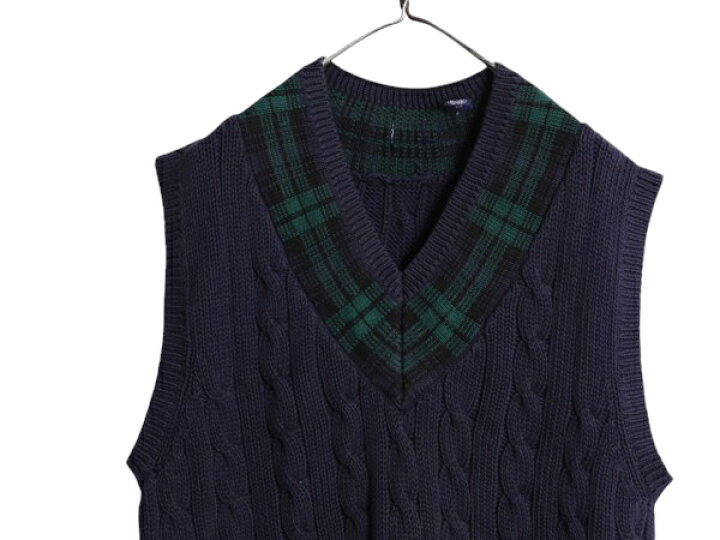 古着 90s 日本製 チルデンニット 切り替え スウェット 黒 Vネック 