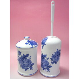 トイレブラシホルダー&ポットのセット バラ 薔薇 ブルー トイレ用品 陶器