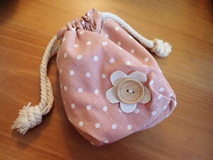 水玉模様花ワッペン付コットン巾着袋ポーチピンク★6枚 天然石ジュエリーのお店 ハッピーエイト
