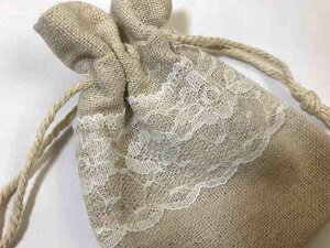 10×8cm10枚 清楚で可愛いレース飾り付リネン麻巾着袋ポーチ ナチュラルカラー@100円 天然石ジュエリーのお店 ハッピーエイト