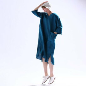 【SALE セール】KELEN (ケレン) | LINEN WIDE SACK DRESS "SARE" (blue green) size M | 送料無料 ワンピース シンプル お洒落