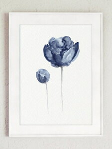 COLOR WATERCOLOR | Peony Watercolour Navy Flower #2 | A3 �A�[�g�v�����g/�|�X�^�[�y�k�� �V���v�� �������z