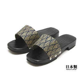 男性用 日田下駄 杉 黒塗り サンダル下駄 和柄 日本製　青海波柄　ネイビー