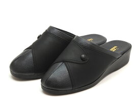 レディース 防寒ヘップサンダル 飾りボタン 前かぶり つっかけ シンプル 日本製　ブラック