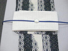 女性 レディース浴衣 紺色・縞麻の葉浴衣細帯 帯留4点セット-紗細帯