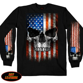 Hot Leathers メンズ 長袖 Tシャツ [Patriotic Skull Long Sleeve Shirt] 米国 ホットレザー 直輸入! ロンT ブラック スカル 星条旗 プリントT 大きいサイズ ライダー バイカー アメカジ オートバイ バイクに!