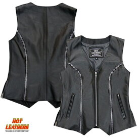 Hot Leathers レディース バイク レザーベスト 本革 牛革 [Ladies' Rhinestone Vest] ラインストーン サイドジッパー ブラック 黒 女性用 米国ホットレザー 直輸入 バイカー オートバイ