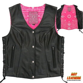 Hot Leathers レディース バイク レザーベスト 本革 牛革 [Ladies' Pink Paisley Lined Vest] ピンク ペイズリー柄裏地 ウエスト調節可能 両脇編み上げ サイドレース ブラック 黒 女性用 米国ホットレザー 直輸入 バイカー オートバイ