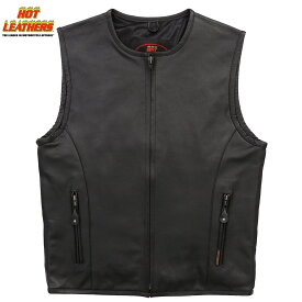 Hot Leathers バイク レザーベスト 本革 牛革 メッシュ裏地 [Men’s Leather Round Collar Vest] 4ポケット 丸襟 ジッパー ブラック バイカー 黒 メンズ 高級トップグレイン・カウハイドレザー 米国ブランド直輸入 ホットレザー 大きいサイズ