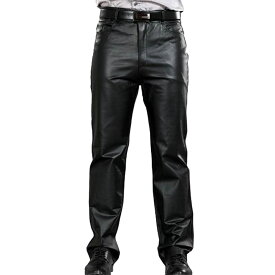 日本未発売! [Genuine Leather Full Length Straight Biker Pants] ジェニュインレザー・フルレングス・ストレート・バイカー・パンツ! 本革 メンズ ブラック クラシックスタイル ジッパーフライ 革ズボン 革パン バイクに! 大きいサイズ!