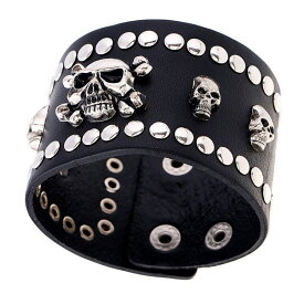 【送料無料!】日本未発売! [Genuine Leather Studs Skull Bangle] ジェニュイン・レザー・スタッズ・スカル・バングル! ブレスレット 本革! ブラック 黒 骸骨 パンク ロック 装着一瞬でバイカースタイルの完成! リストバンド アクセサリー*