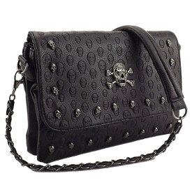 [Skull Rivet Chain Belt Clutch Bag] スカル・リベット・チェーン・ベルト・クラッチバッグ! 骸骨 ブラック 黒 PUレザー ハンドバッグ ポシェット ショルダーバッグ 斜めがけ クロスボディ エンボス スタッズ パンク ゴシック バイクに!