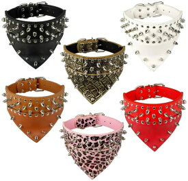 日本未発売! [PU Leather Spiked & Studded Dog Collar] PUレザー・スパイク・アンド・スタッド・ドッグ・カラー 全6色! 犬用 首輪 リード取付可能! 撥水性のある合成皮革 Dリング 逆三角形のバンダナスカーフスタイル! パンク ロック バイカー ギフトに!*