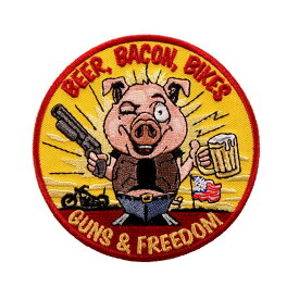 日本未発売! セール価格! ホットレザー [Beer Bacon Bikes and Guns Patch] ビアベーコンバイクスアンドガンズ ワッペン! 豚 ピッグ 丸型 パッチ 米国バイカー専門アパレルブランド HOTLEATHERS 直輸入! ウェアのカスタムに! 布製 アイロン対応 サイズ小