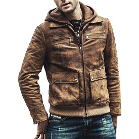 フード着脱可能! 全10サイズ! [Men's Detachable Hood Brown Pigskin Genuine Leather Jacket] メンズ デタッチャブルフード ブラウン ピッグスキン ジェニュインレザージャケット! 本革 豚革 革ジャン ライダース コート アウター バイクに!