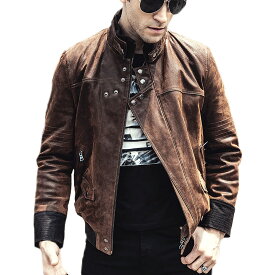 全10サイズ! [Men's Stand Collar Brown Pigskin Genuine Leather Jacket] メンズ スタンドカラー ブラウン ピッグスキン ジェニュインレザージャケット! 本革 豚革 革ジャン シングルライダース ビンテージ加工 コート アウター バイクに!
