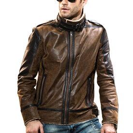 全9サイズ! [Men's Double Face Fur Vintage Pigskin Genuine Leather Jacket] メンズ ダブルフェイスファー ビンテージ ピッグスキン ジェニュインレザージャケット! 本革 豚革 革ジャン ライダース フェイクファー ボア襟 コート アウター バイクに!