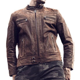 全10サイズ! [Men's Vintage Pigskin Genuine Leather Single Riders Jacket] メンズ ビンテージ ピッグスキン ジェニュインレザー シングルライダースジャケット! 本革 豚革 革ジャン ブラウン コート アウター バイクに!