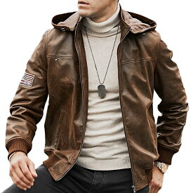 フード着脱可能! 全10サイズ! [Men's Removable Hood Pigskin Leather Motorcycle Jacket] メンズ リムーバブルフード ピッグスキンレザー モーターサイクルジャケット! 本革 豚革 革ジャン ブラウン 茶 パーカー コート アウター バイクに!