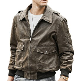 全2色 6サイズ! [Men's Vintage Color Pigskin Genuine Leather Bomber Jacket] メンズ ビンテージカラー ピッグスキン ジェニュインレザー ボンバージャケット! 本革 豚革 ライダース フライトジャケット アビエーター コート アウター ブラウン バイクに!